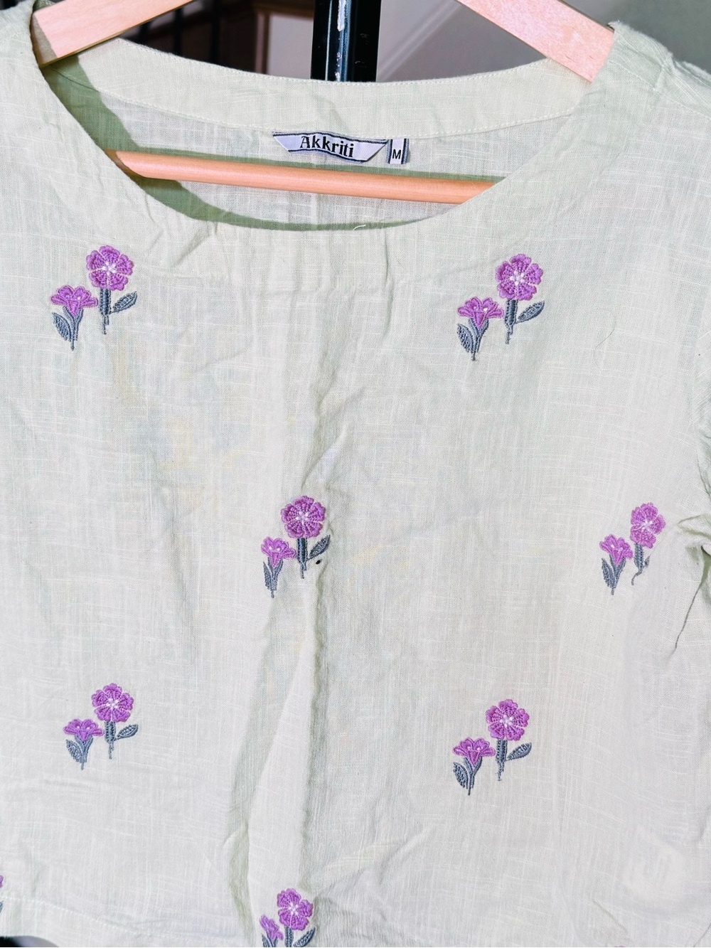 Akkriti Mint Green Cotton Tunic with Purple Floral Embroidery